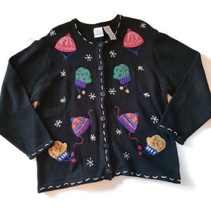 UGLY CHRISTMAS SWEATER vtg. 90s black knit winter caps and mittens cardigan. XL